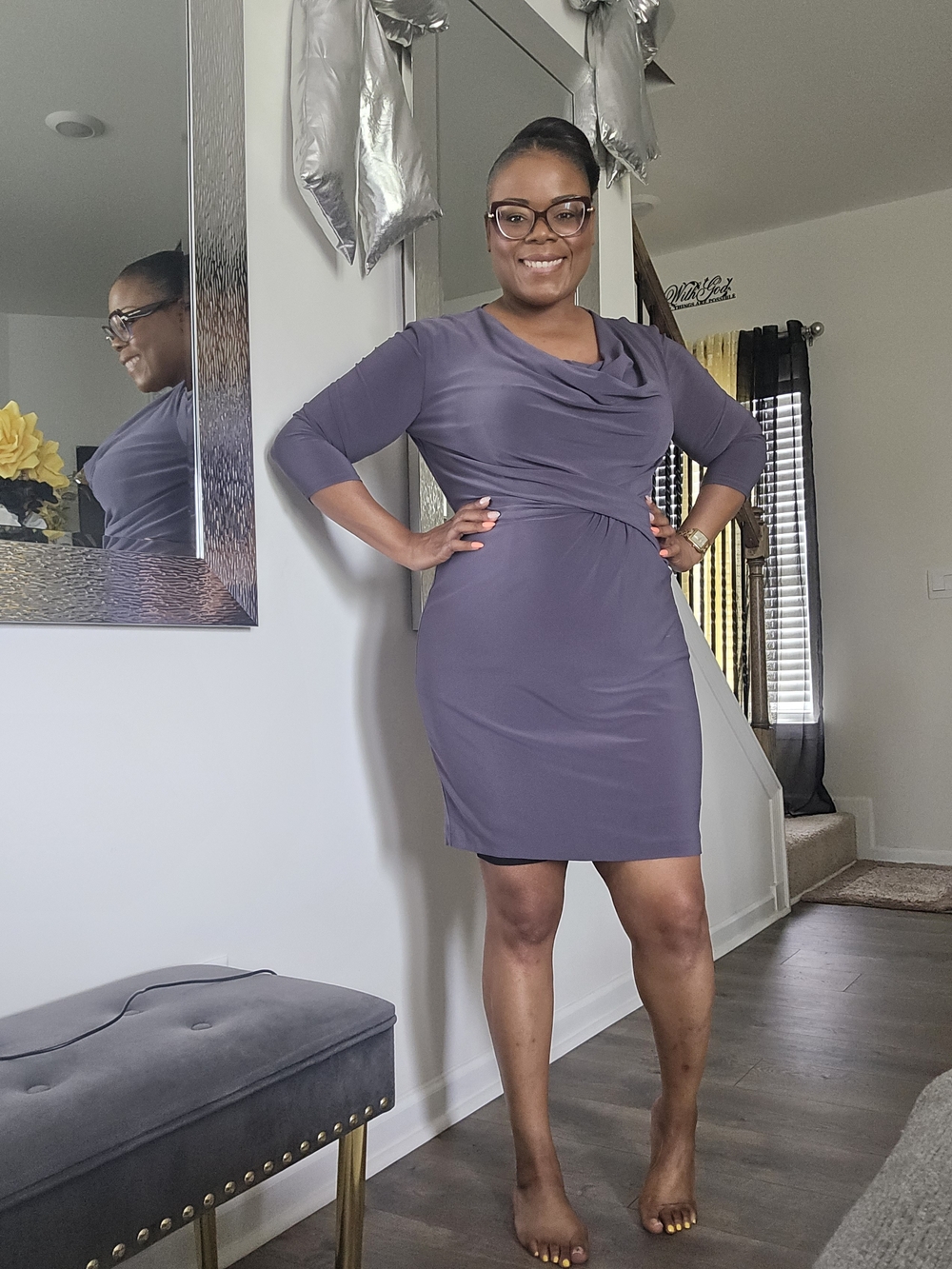Women's Gray Drape Neck Sheath Dress